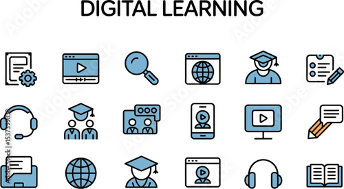 Illustration of digital learning icons including video global education and communication tools