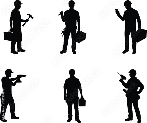 Construction Worker Silhouettes: Handyman, Laborer, and Trade Professionals at Work