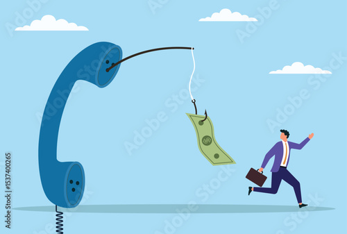 Vector illustration of a businessman running away from a fraudulent phone call, symbolizing avoidance of scams and the challenges of staying vigilant in the business world
