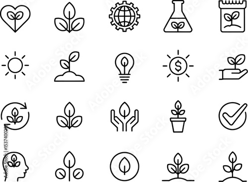 Collection of twenty black and white line drawing icons related to plants and environment