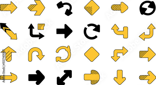 A collection of various arrow designs in yellow and black on a white background display graphic