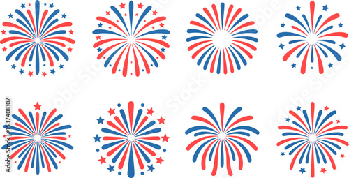 Eight firework designs in red and blue with some designs including stars on a white background
