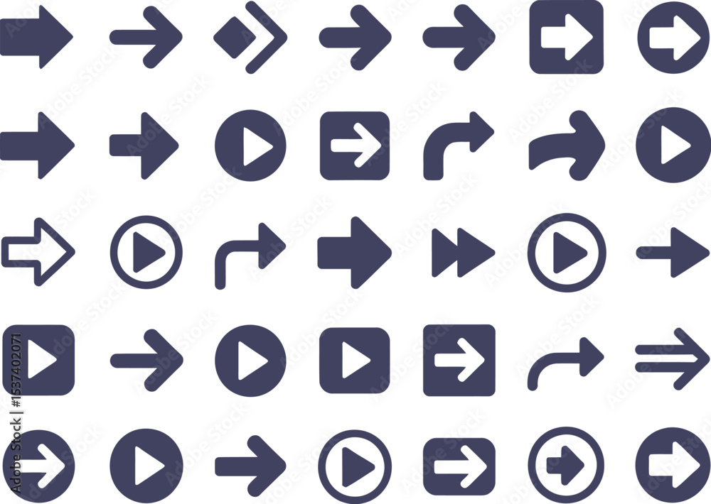 Collection of various right pointing arrow icons in different styles and orientations set on white Collection of various right pointing arrow icons in different styles and orientations set on white