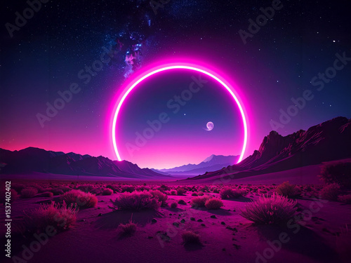 Circle Otherworldly Gateway: Glowing Pink Portal in the Midnight Desert