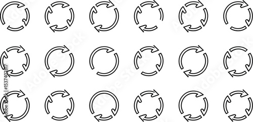 A grid of eighteen circular arrows pointing clockwise with varying arrow configurations on white