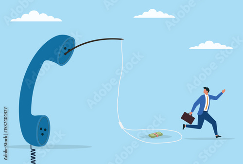 Vector illustration of a businessman running away from a fraudulent phone call trap, illustrating the danger of scams and the importance of awareness in the corporate world
