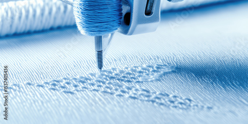 A sewing machine needle is embroidering a pattern on fabric.   textile crafting technology