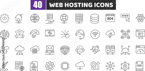 Web Hosting Icons – 40 Vector Line Icons for Server, Internet, Cloud, Domain, Network, and Technology Design