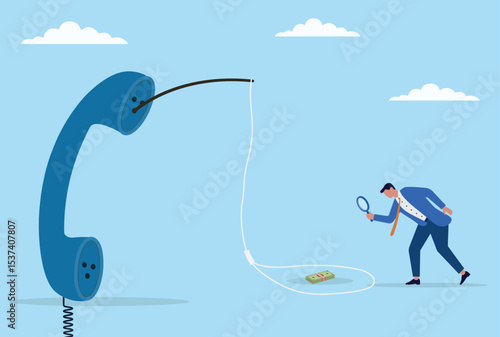 Vector illustration of a businessman analyzing a fraudulent phone call trap with a magnifying glass, symbolizing vigilance, investigation, and awareness against financial scams
