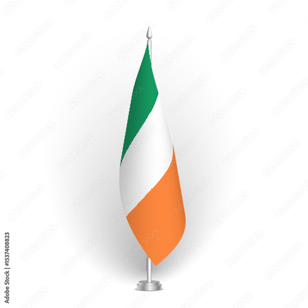 Obraz premium Ireland flag - 3D standard conference flag hanging on ground flagpole. Usable for summit, indoor meeting, board room, government office, press room or reception. Vector flag with shading