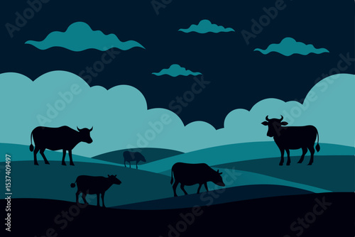 Serene Night Silhouettes of Cows Grazing in Peaceful Pasture