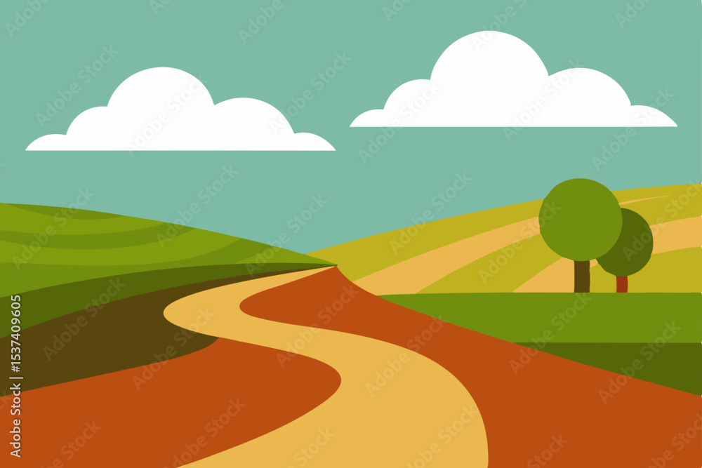 Fototapeta premium Winding Country Road Through Rolling Hills and Farmland A Scenic Landscape Illustration