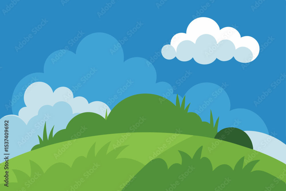 Fototapeta premium Serene Hilltop Landscape Green Hills, Blue Sky, Fluffy Clouds