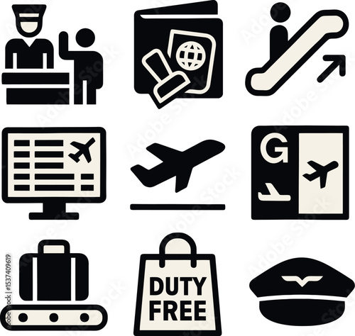 Flat vector airport set including customs, passport, duty free bag, flight board, plane, luggage belt, and gate sign.