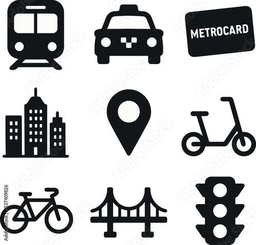 Vector icons of city transportation including taxi, train, metrocard, bike, scooter, and traffic light.