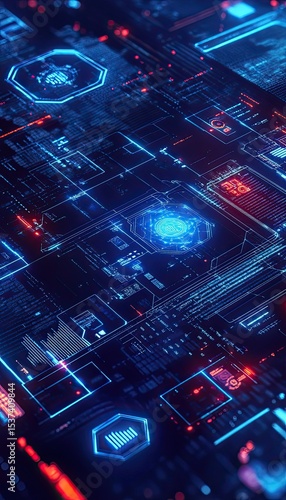A futuristic digital forensics concept illustration featuring biometric authentication, facial recognition, fingerprint scans, retina scan interfaces, secure data analysis icons, glowing blue HUD