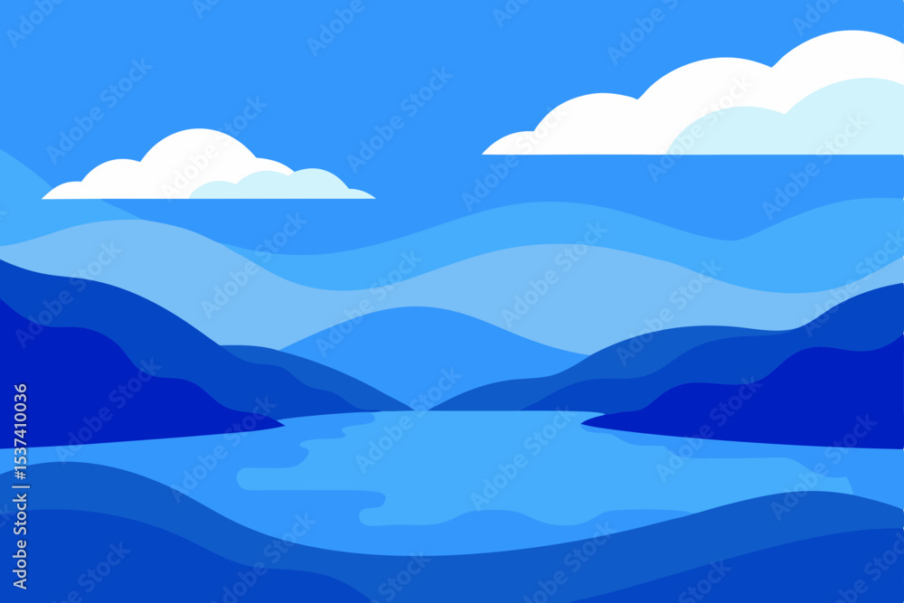Serene Blue Mountain Lake Landscape A Minimalist Illustration Serene Blue Mountain Lake Landscape A Minimalist Illustration