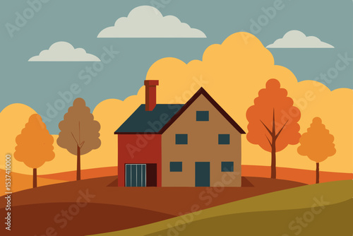 Autumn Farmhouse Landscape Serene Countryside Illustration