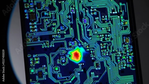 Electronic circuit board thermal imaging showing hot spot
