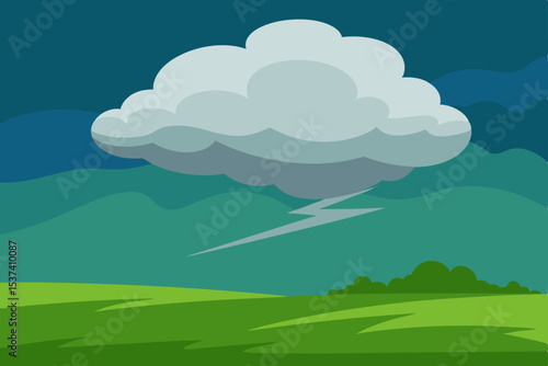 Dramatic Stormy Landscape Dark Clouds, Lightning Strike, Green Fields