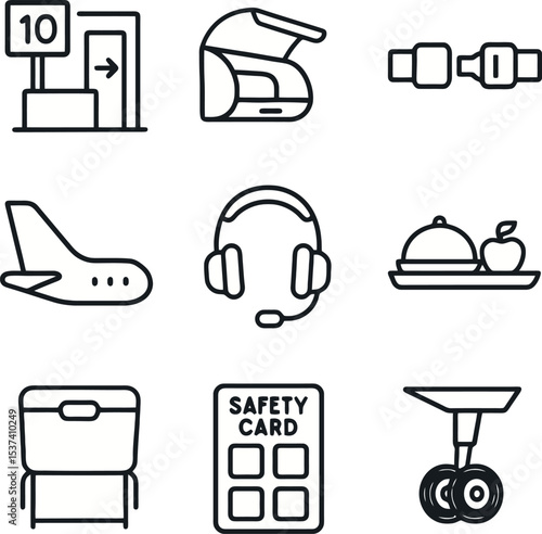 Thin line airplane icons showing gate sign, tray meal, safety card, headset, seatbelt, and aircraft landing gear.
