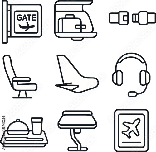 Line icons of airplane interior and travel including seat, tray, headset, seatbelt, luggage, and boarding pass.