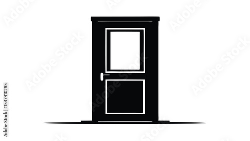 A sleek, classic black wooden door with a white frame and an elegant handle provides a striking entrance to a modern home interior door silhouette icon