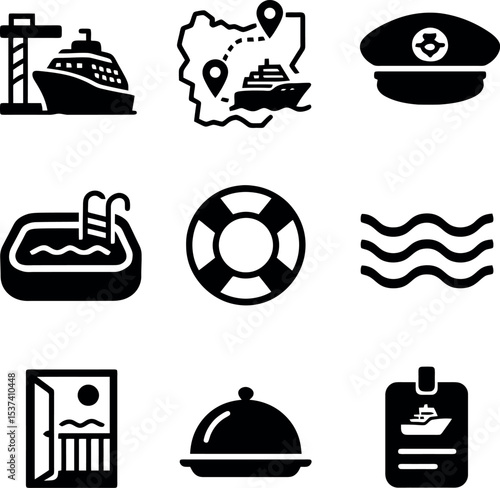 Cruise travel icons in vector including ship, map, captain hat, pool, waves, lifebuoy, ID badge, and dinner tray.