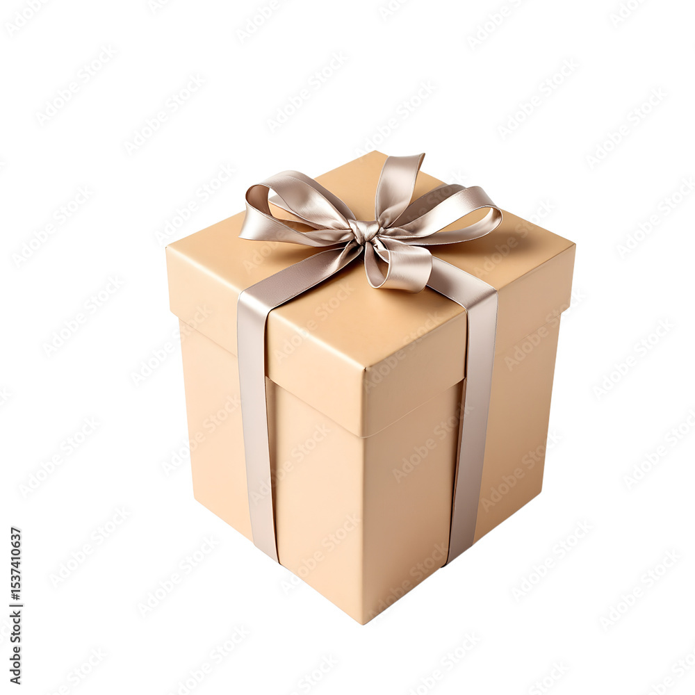Obraz premium Elegant beige gift box with satin ribbon and bow PNG file isolated on transparent background cut out, clipping path, social media. 