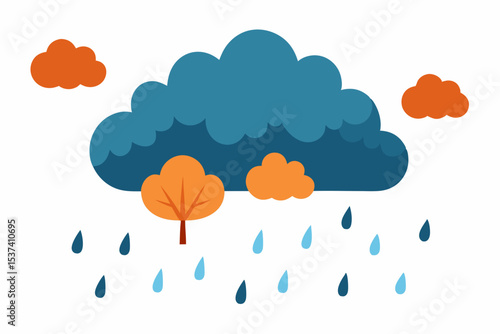 Autumn Rain A Charming Illustration of Cloudy Skies, Falling Raindrops, and Autumnal Trees