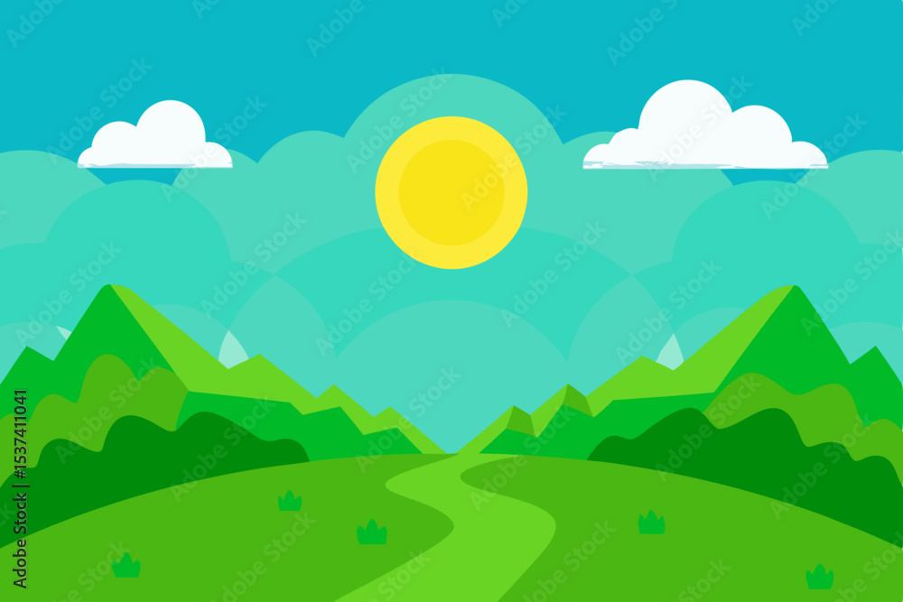 Fototapeta premium Serene Mountain Landscape A Sunny Vista with Winding Path