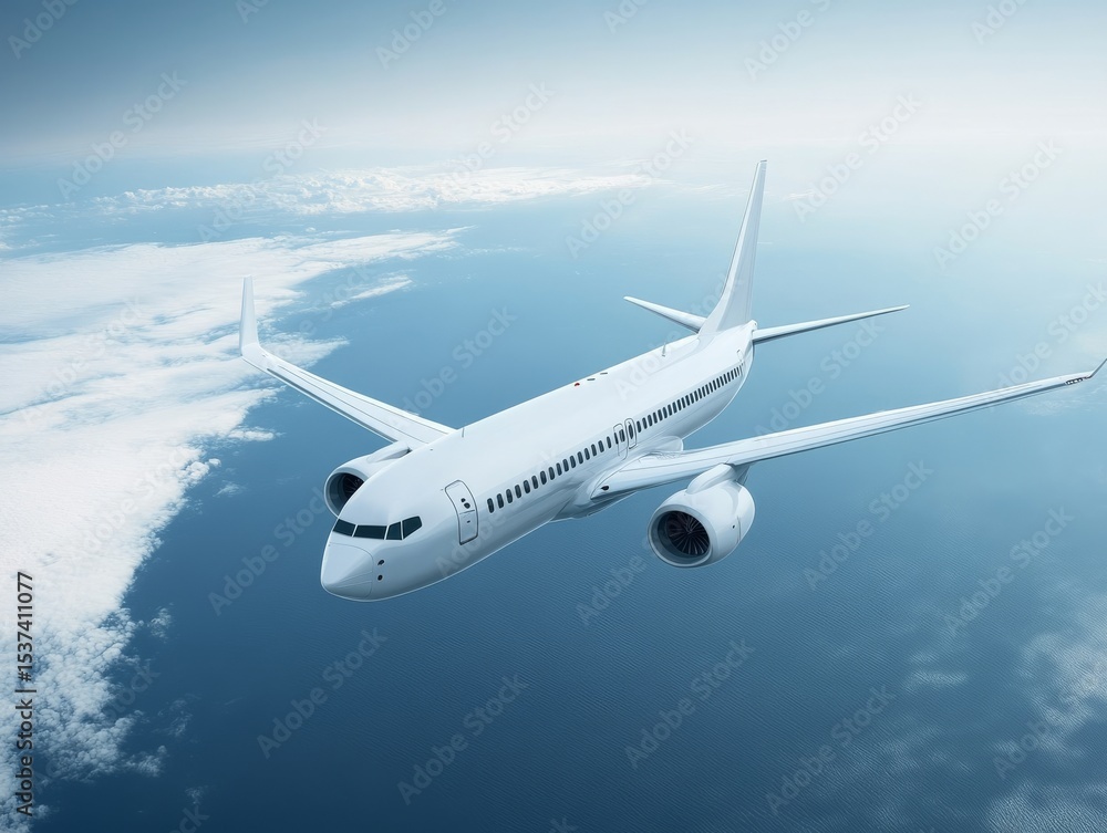 Fototapeta premium High-Angle View of Airplane above Clouds and Ocean Composition, 3D Render, Travel, Airliner, Airplane photography Air travel, aviation