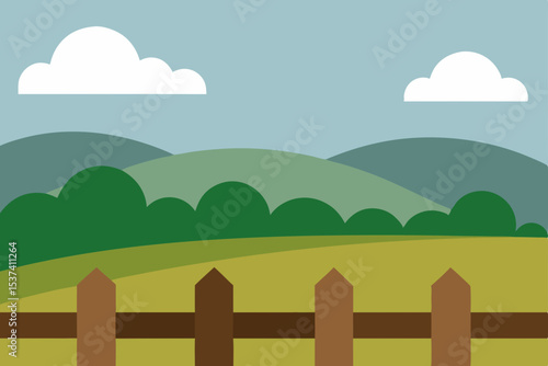 Serene Countryside Landscape Rolling Hills, Green Fields, and Wooden Fence