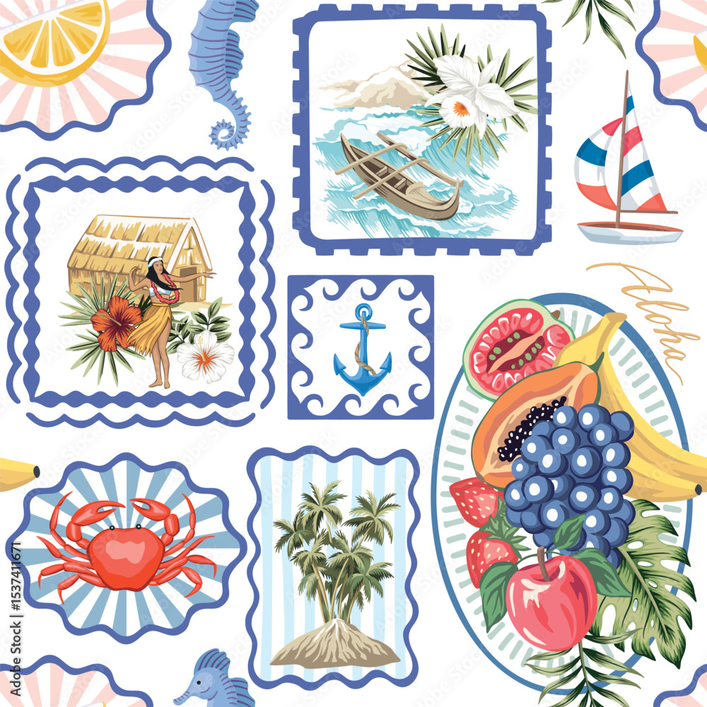 Hawaiian shack, girl, boat, wave, sea, frame, sailboat, palms, anchor, crab, island, hibiscus flower, leaf, sea horse, aloha, exotic fruit on the plate seamless pattern. Summer patchwork wallpaper.