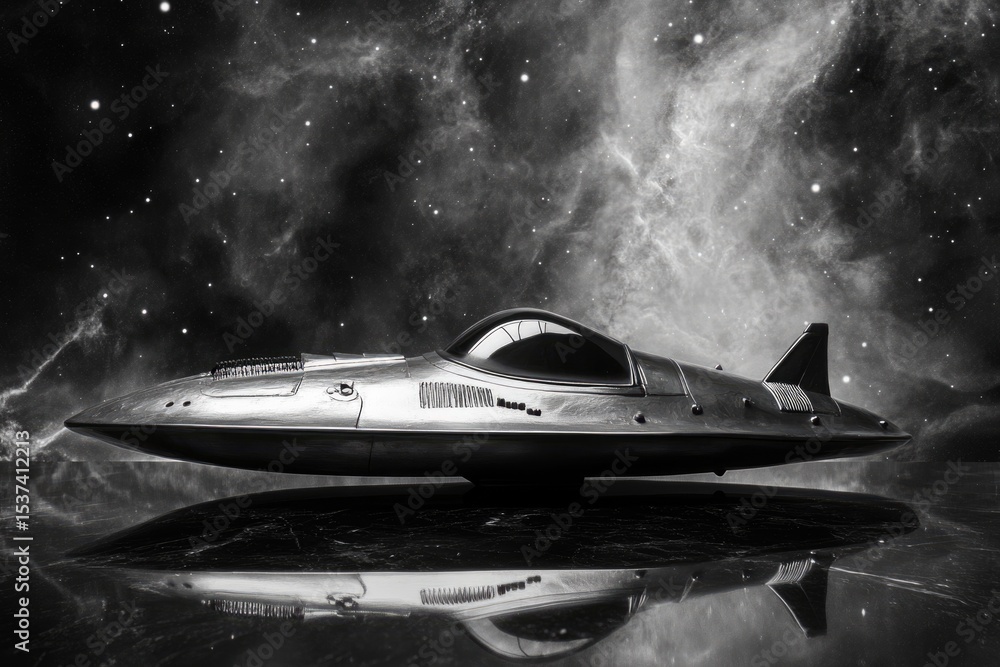 Obraz premium Monochromatic retro spaceship model with a sleek, reflective surface against a backdrop of stars and nebulae.