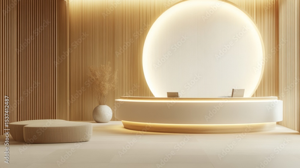 Minimalist Reception Area Curved Desk, Wood Paneling, Circular Backdrop, 3D Render, Interior Design Spa, Reception Minimalist Reception Area Curved Desk, Wood Paneling, Circular Backdrop, 3D Render, Interior Design Spa, Reception