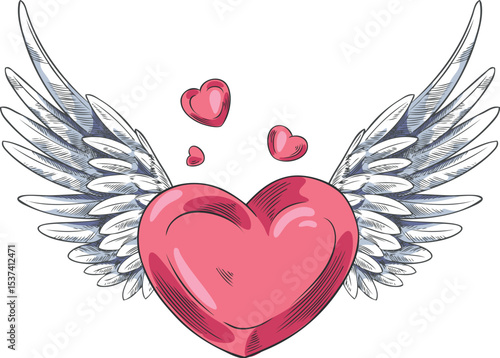 Red heart with angel wings raised up, color sketch, hand drawn.