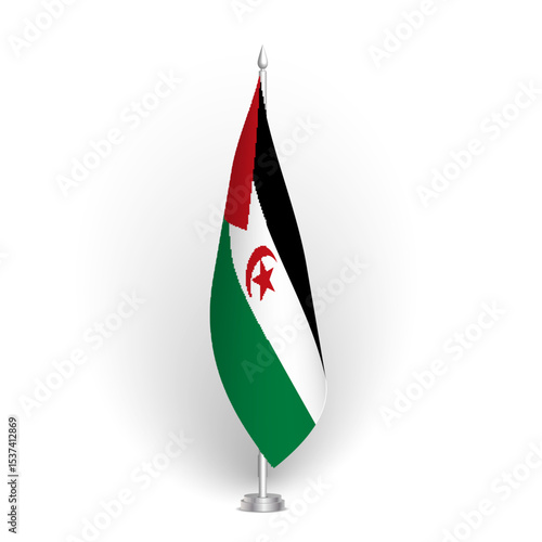 Sahrawi Arab Democratic Republic flag - 3D standard conference flag hanging on ground flagpole. Usable for summit, indoor meeting, government office, press room or reception. Vector flag with shading