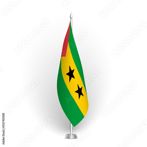 Sao Tome and Principe flag - 3D standard conference flag hanging on ground flagpole. Usable for summit, indoor meeting, board room, government office, press room or reception. Vector flag with shading
