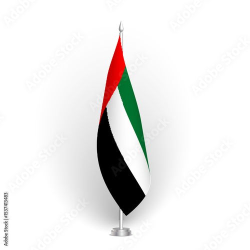 United Arab Emirates flag - 3D standard conference flag hanging on ground flagpole. Usable for summit, indoor meeting, board room, government office, press room or reception. Vector flag with shading