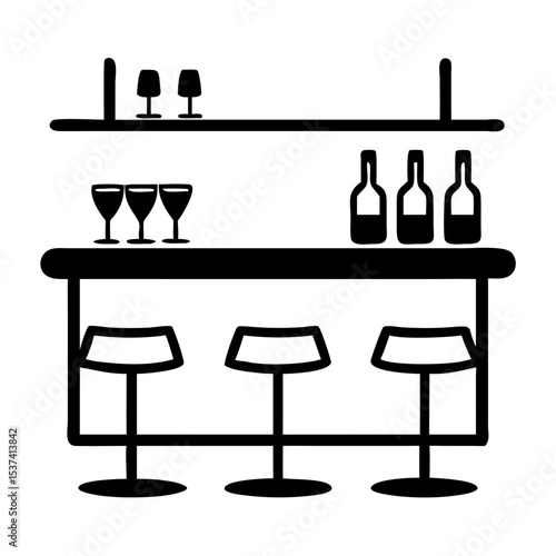 Minimalist bar counter with stools and bottles in black and white  