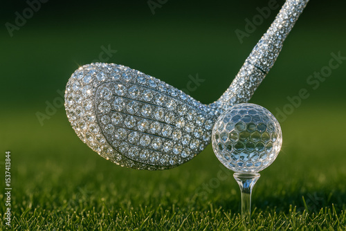 Luxury Diamond Golf Club and Glass Ball on Tee – Glamorous Sports Concept