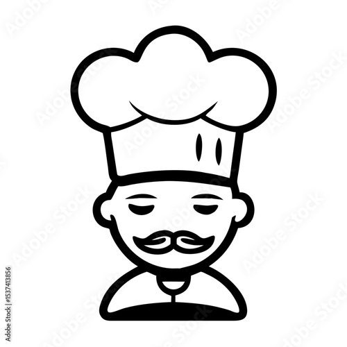 Cartoon chef character with mustache wearing a cook hat in outline style  