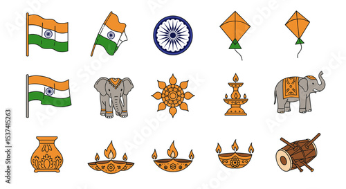 Indian independence day svg vector design elements india flag ashoka chakra diya kite elephant drum