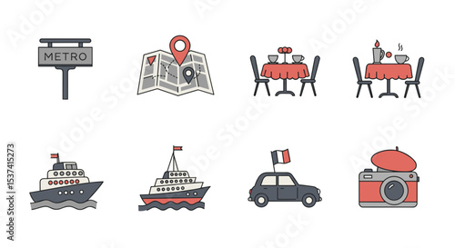 Paris travel guide icons set vector illustration featuring metro map restaurant ship car and camera icons for tourism