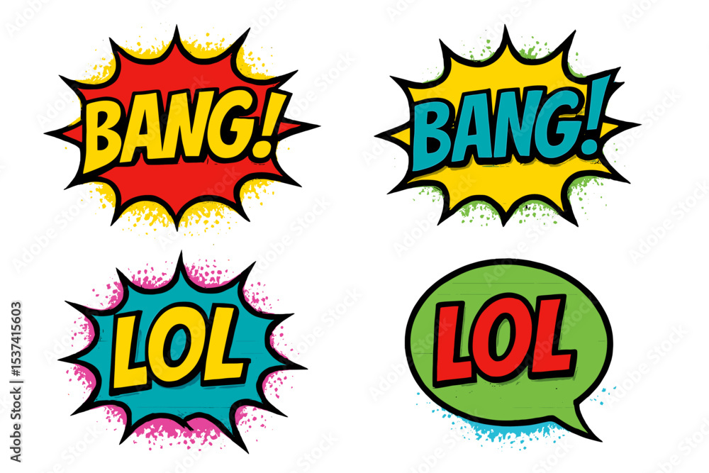 A colorful background features retro comic speech bubbles with various expressions including LOL, OMG, WOW, YEAH, OOPS, and BANG in a vector illustration A colorful background features retro comic speech bubbles with various expressions including LOL, OMG, WOW, YEAH, OOPS, and BANG in a vector illustration