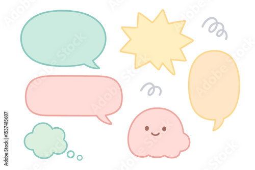 A set of empty cartoon speech bubbles is presented in a retro comic style with pastel colors, featuring hand-drawn pop art elements including vintage speech clouds and thinking bubbles