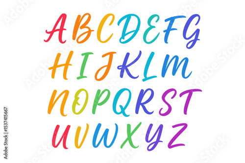 Vector illustration of full color handwriting paint brush lettering latin alphabet letters
