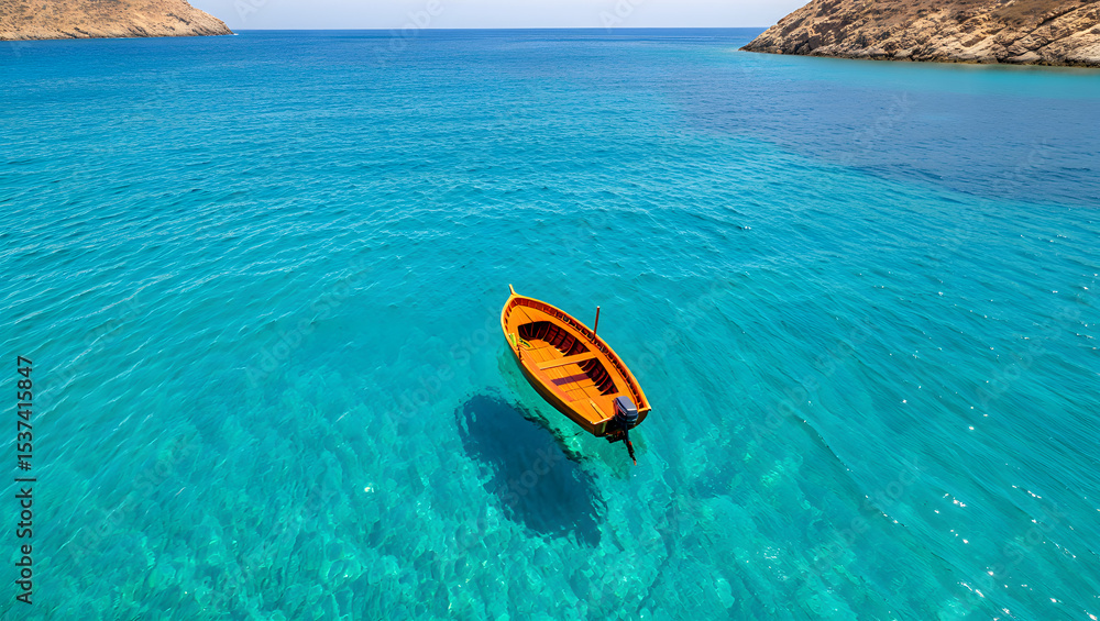 A small wooden boat drifts serenely in the turquoise waters of a secluded cove A small wooden boat drifts serenely in the turquoise waters of a secluded cove