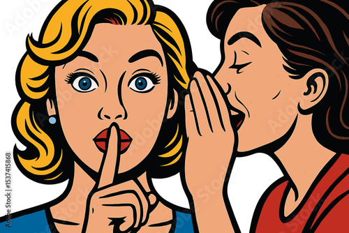 Vector illustration of a gossip girl with a pink cheek whispering secrets in someone's ear, embodying the concept of rumors and word-of-mouth in a Retro Pop Art style Comic Style Book panel